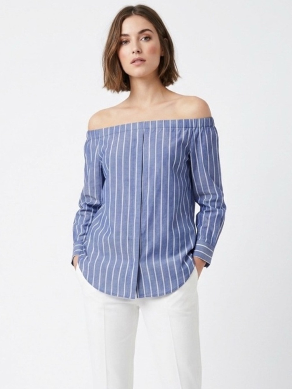 Equipment Femme Gretchen Off the Shoulder Blouse Size Small Blue White Striped